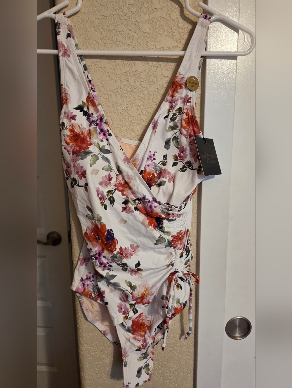 NIP /Tuk Floral White One-Piece Swimsuit with Pink & Orange Blooms